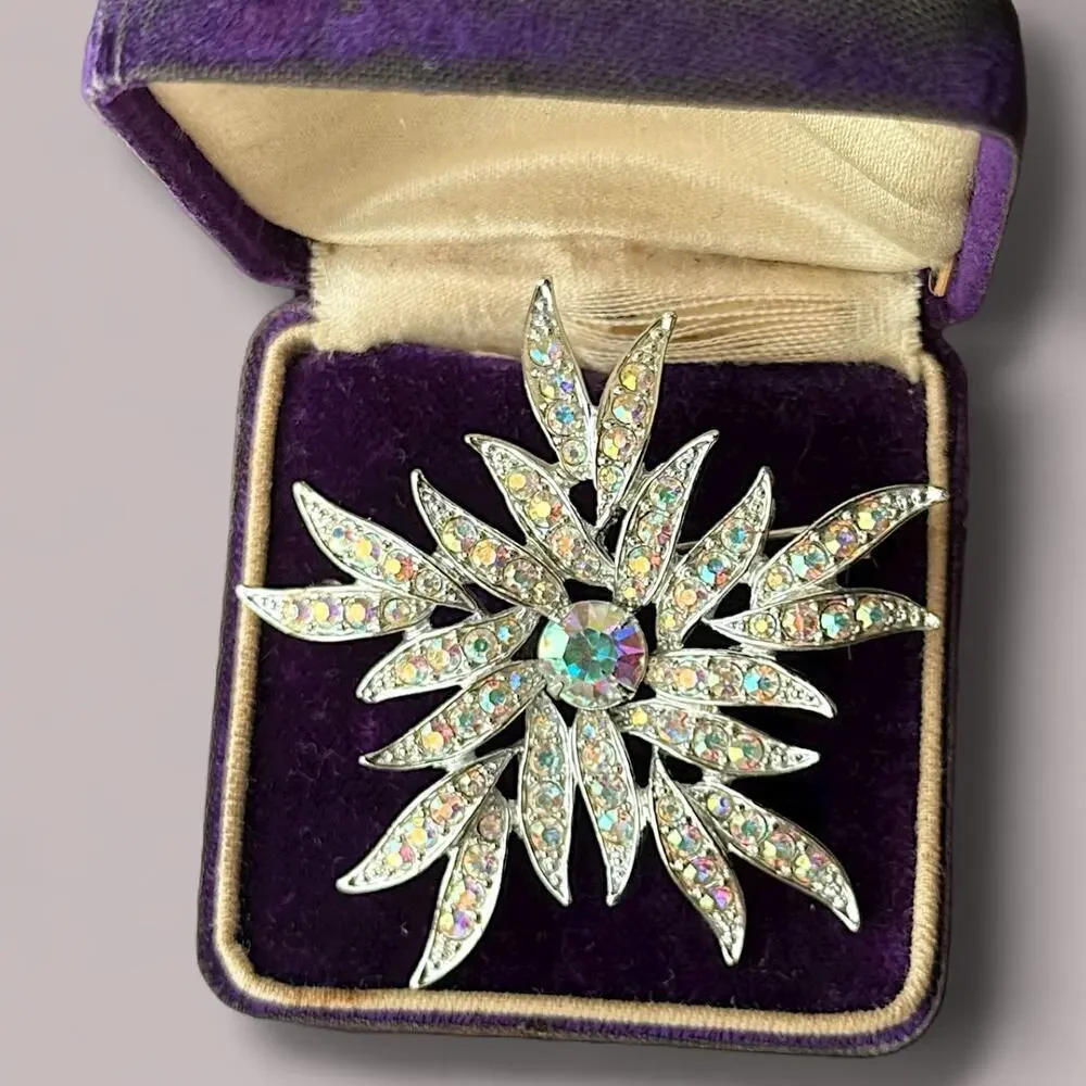 Vintage Sarah Coventry Snowflake AB Brooch Silver Tone “Aurora Blaze” Flower Pin